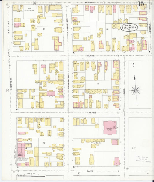 Sanborn Fire Insurance Map from Burlington, Chittenden County, Vermont (1906), Sheet #0015 - Historic Sanborn Fire Insurance Map Print, vintage old map wall art, antique decor, genealogy gift, Vermont Vermont map