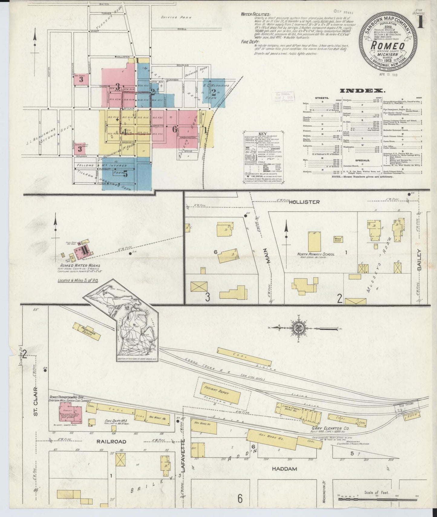 Sanborn Fire Insurance Map from Romeo, Macomb County, Michigan (1913), Sheet #0001 - Complete Map Set gallery image, historic Sanborn map, vintage wall art, Michigan Michigan
