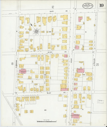 Sanborn Fire Insurance Map from Charlotte, Mecklenburg County, North Carolina (1905), Sheet #0019 - Historic Sanborn Fire Insurance Map Print, vintage old map wall art, antique decor, genealogy gift, North Carolina North Carolina map