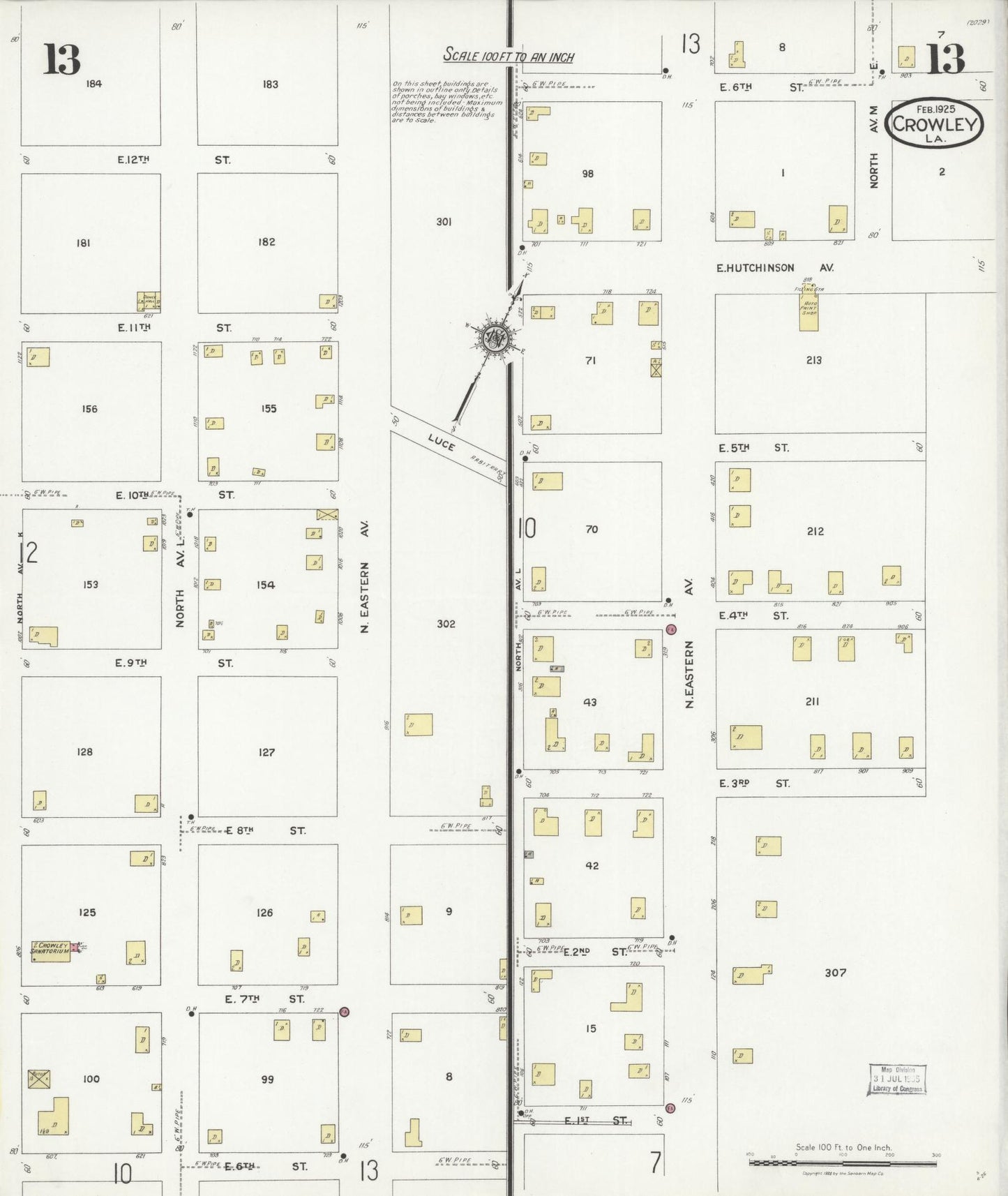 Sanborn Fire Insurance Map from Crowley, Acadia Parish, Louisiana (1925), Sheet #0013 - Complete Map Set gallery image, historic Sanborn map, vintage wall art, Louisiana Louisiana