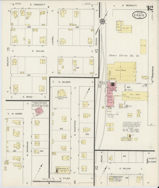 Sanborn Fire Insurance Map from Ennis, Ellis County, Texas (1915), Sheet #0012 - Historic Sanborn Fire Insurance Map Print, vintage old map wall art, antique decor, genealogy gift, Texas Texas map