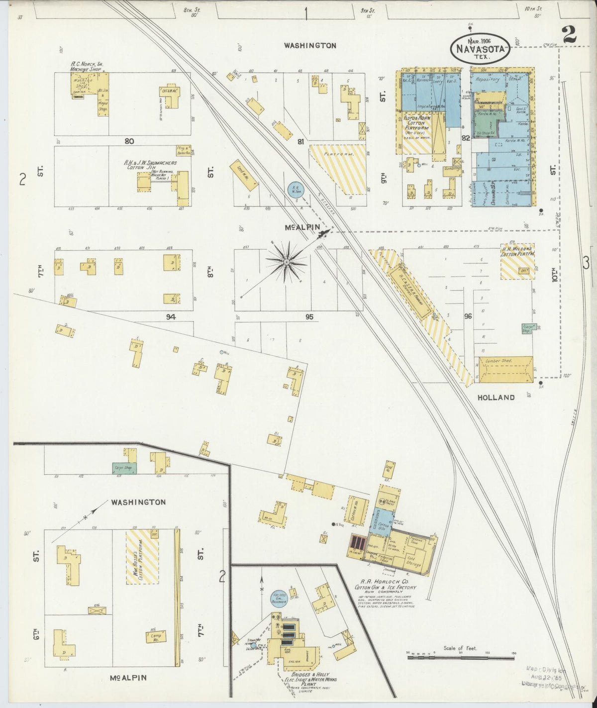 Sanborn Fire Insurance Map from Navasota, Grimes County, Texas (1906), Sheet #0002 - Historic Sanborn Fire Insurance Map Print, vintage old map wall art, antique decor, genealogy gift, Texas Texas map