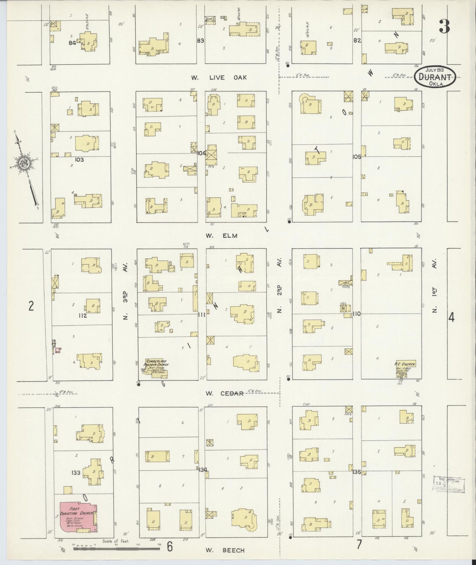 Sanborn Fire Insurance Map from Durant, Bryan County, Oklahoma (1913), Sheet #0003 - Complete Map Set gallery image, historic Sanborn map, vintage wall art, Oklahoma Oklahoma