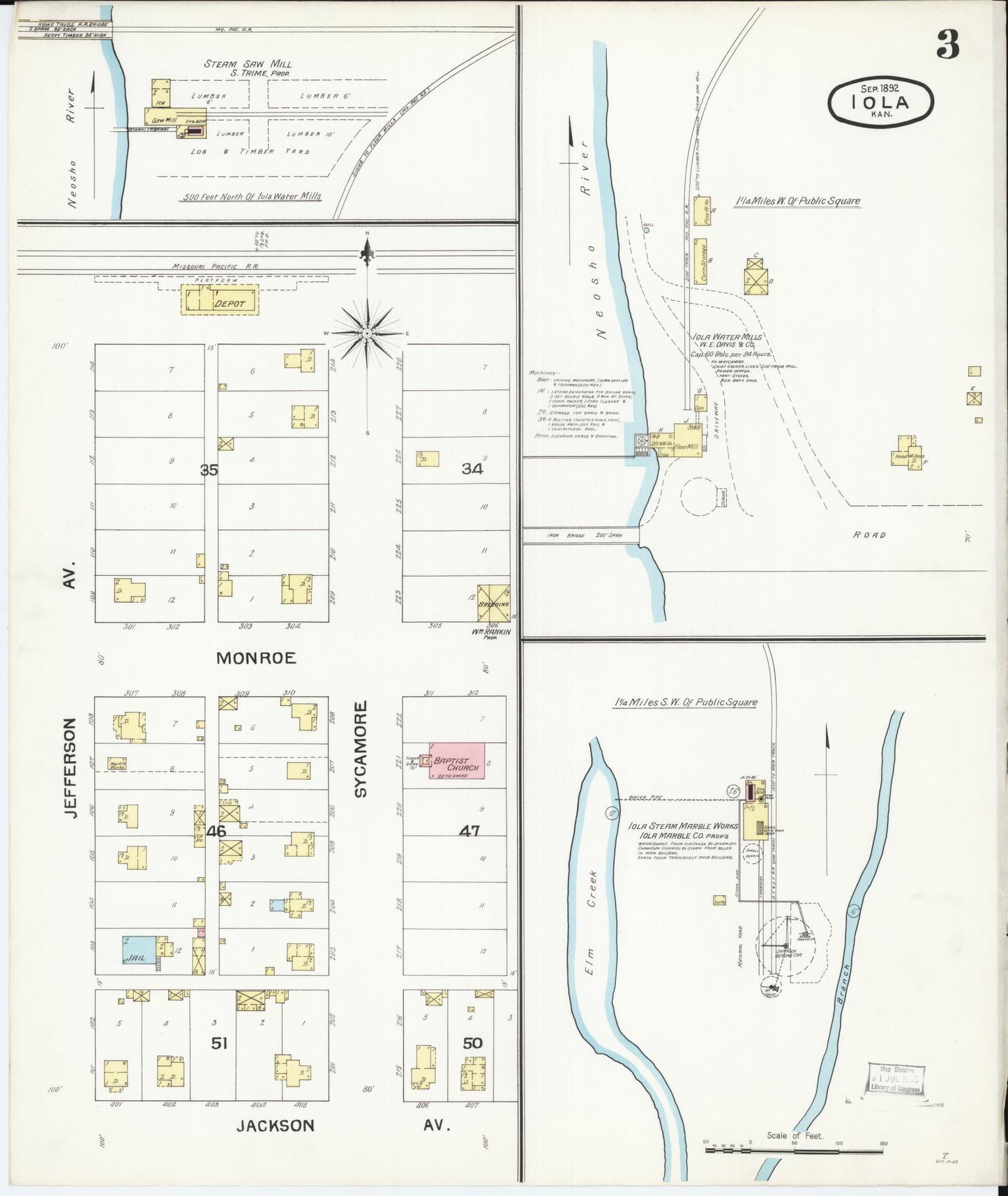 Sanborn Fire Insurance Map from Iola, Allen County, Kansas (1892), Sheet #0003 - Historic Sanborn Fire Insurance Map Print, vintage old map wall art, antique decor, genealogy gift, Kansas Kansas map