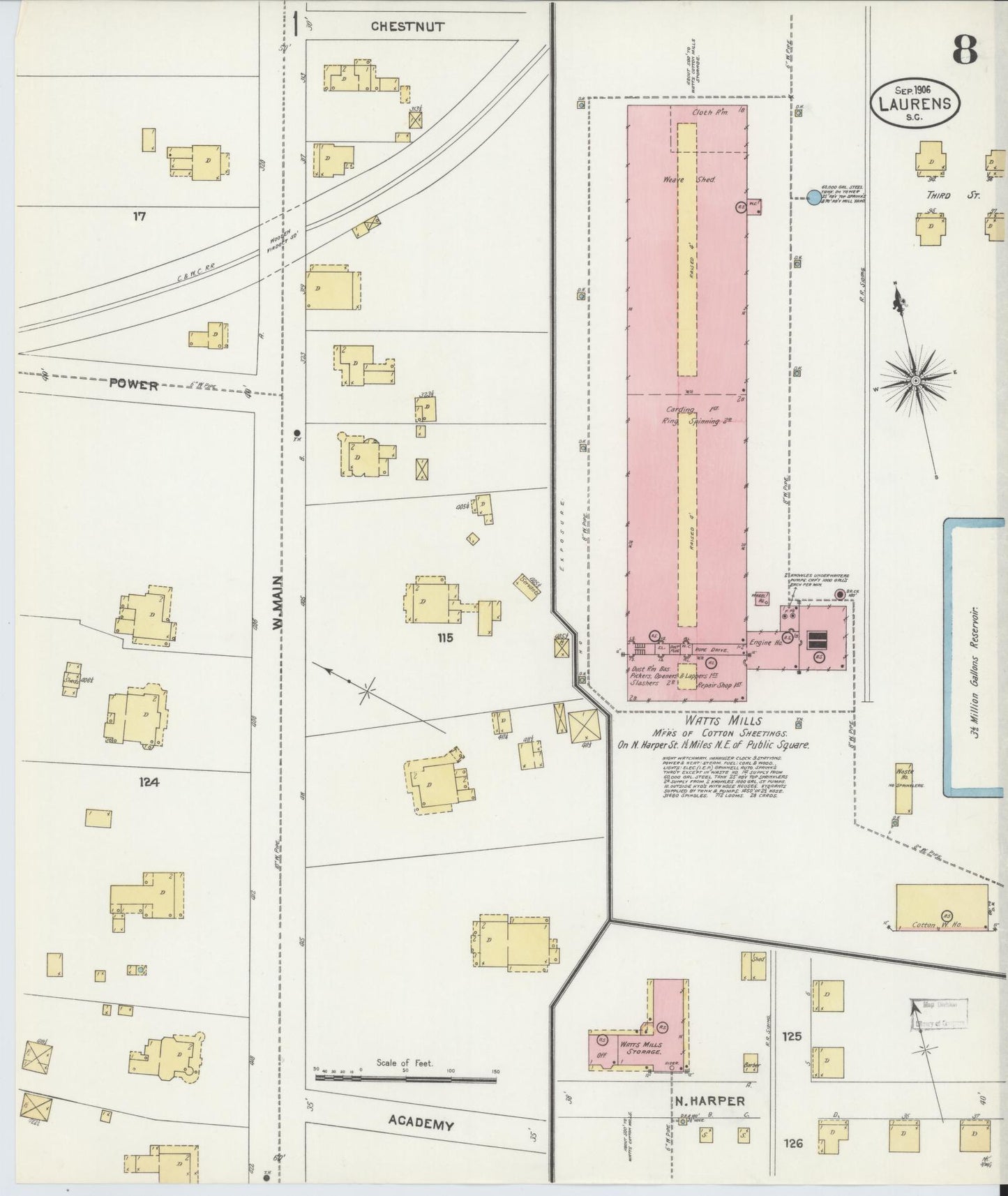 Sanborn Fire Insurance Map from Laurens, Laurens County, South Carolina (1906), Sheet #0008 - Historic Sanborn Fire Insurance Map Print, vintage old map wall art, antique decor, genealogy gift, South Carolina South Carolina map
