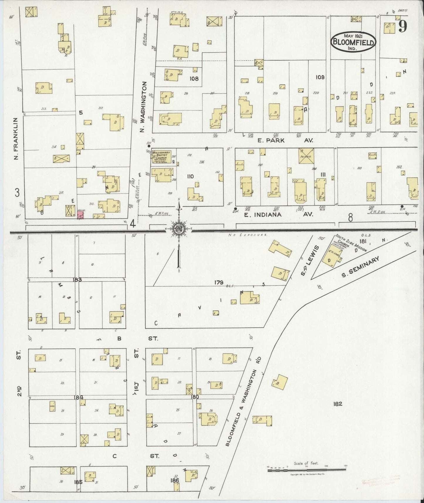 Sanborn Fire Insurance Map from Bloomfield, Greene County, Indiana (1921), Sheet #0009 - Complete Map Set gallery image, historic Sanborn map, vintage wall art, Indiana Indiana