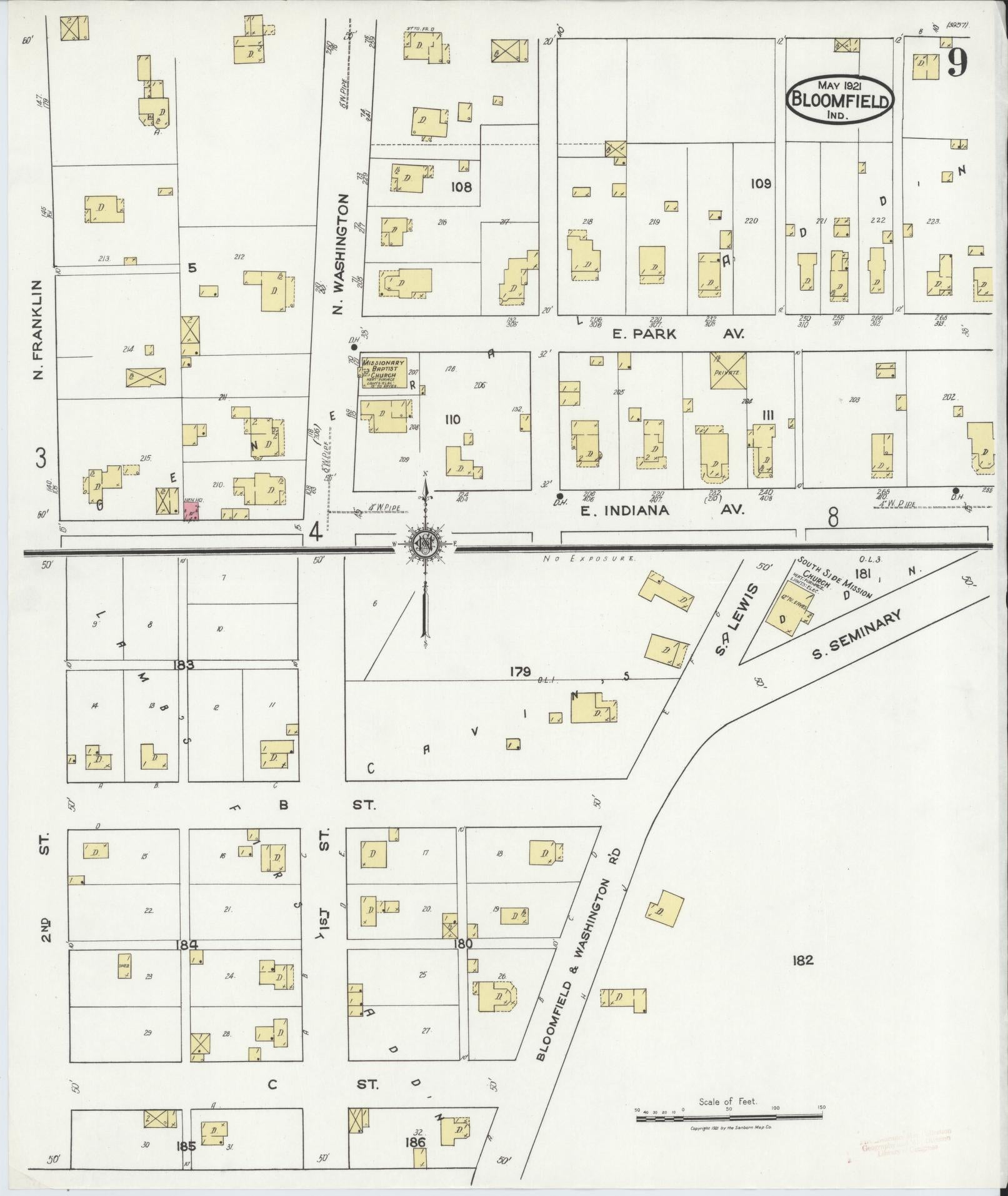 Sanborn Fire Insurance Map from Bloomfield, Greene County, Indiana (1921), Sheet #0009 - Complete Map Set gallery image, historic Sanborn map, vintage wall art, Indiana Indiana