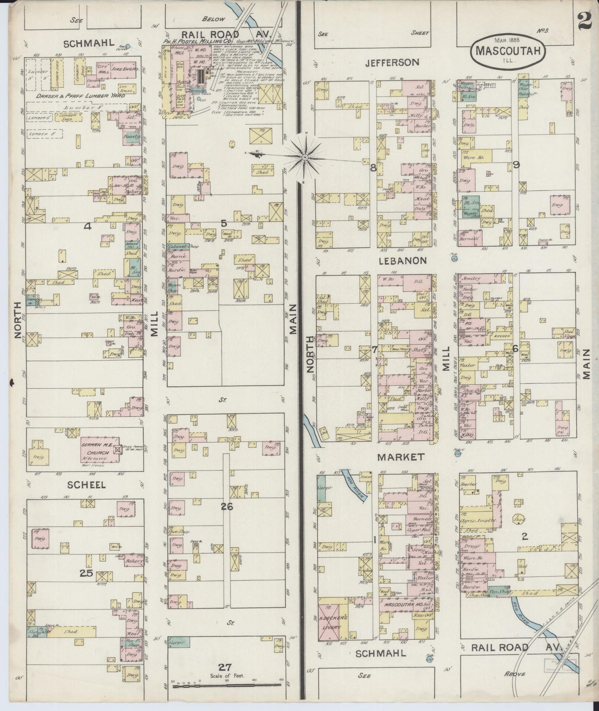Sanborn Fire Insurance Map from Mascoutah, Saint Clair County, Illinois (1888), Sheet #0002 - Complete Map Set gallery image, historic Sanborn map, vintage wall art, Illinois Illinois