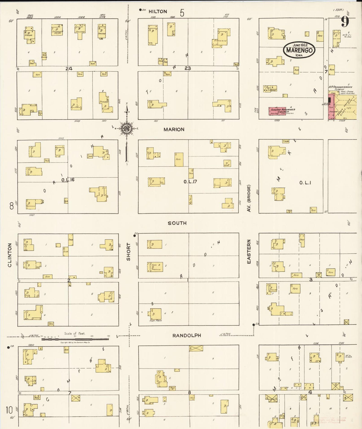 Sanborn Fire Insurance Map from Marengo, Iowa County, Iowa (1922), Sheet #0009 - Historic Sanborn Fire Insurance Map Print, vintage old map wall art