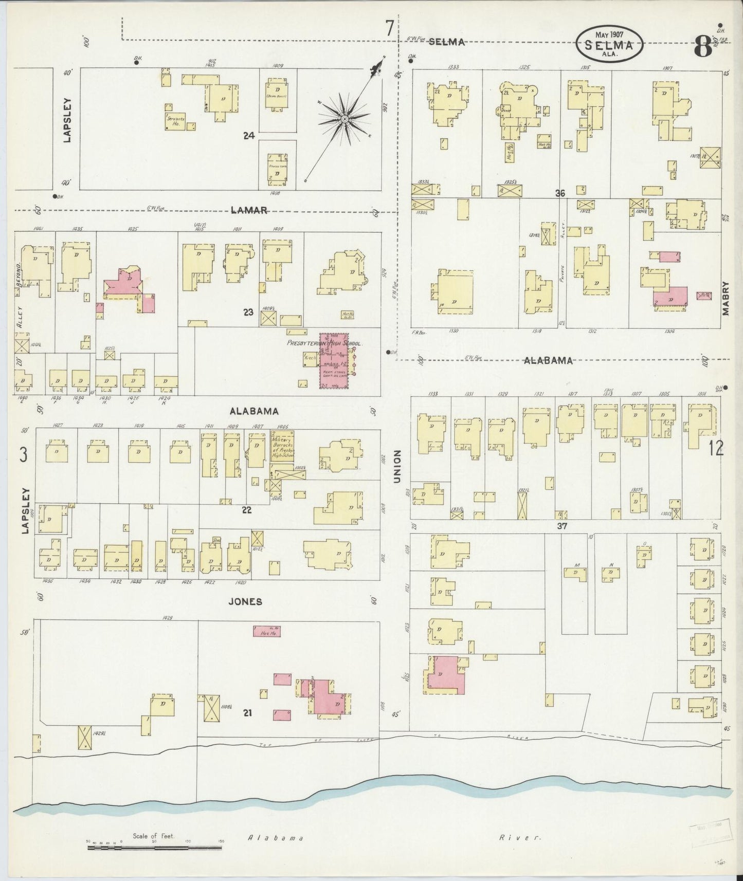 Sanborn Fire Insurance Map from Selma, Dallas County, Alabama (1907), Sheet #0008 - Complete Map Set gallery image, historic Sanborn map, vintage wall art, Alabama Alabama