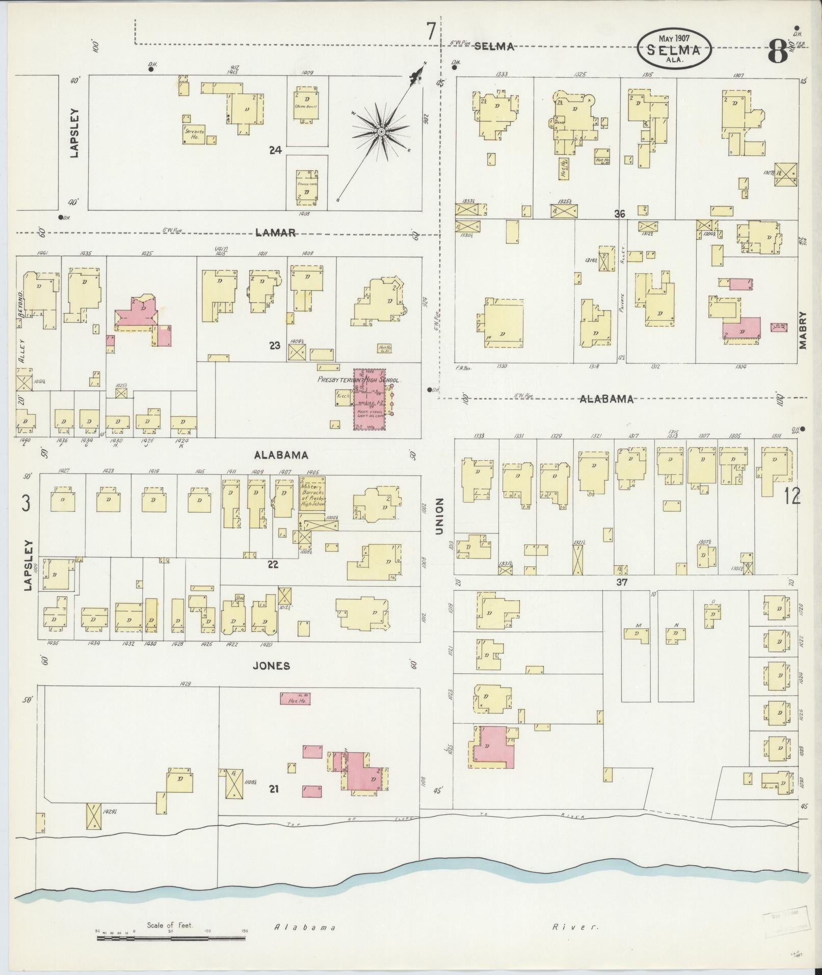 Sanborn Fire Insurance Map from Selma, Dallas County, Alabama (1907), Sheet #0008 - Complete Map Set gallery image, historic Sanborn map, vintage wall art, Alabama Alabama
