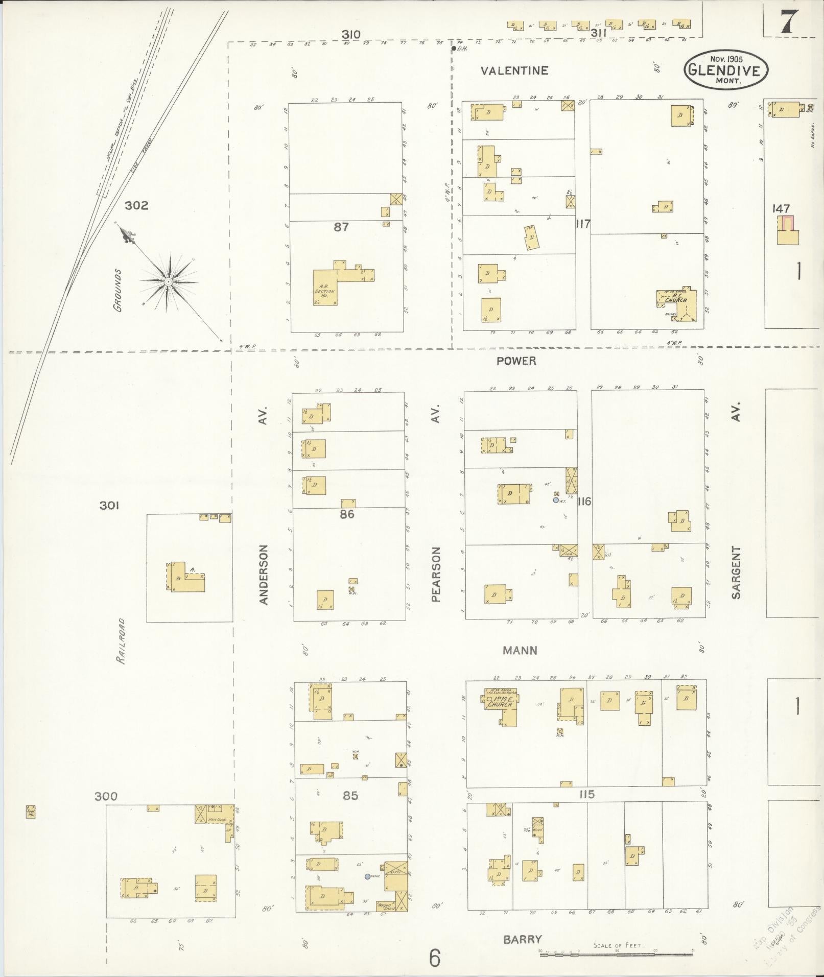 Sanborn Fire Insurance Map from Glendive, Dawson County, Montana (1905), Sheet #0007 - Historic Sanborn Fire Insurance Map Print, vintage old map wall art, antique decor, genealogy gift, Montana Montana map