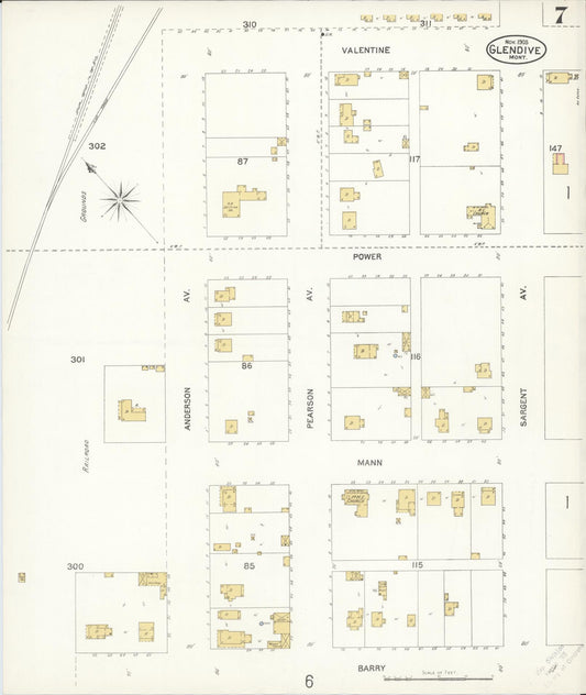 Sanborn Fire Insurance Map from Glendive, Dawson County, Montana (1905), Sheet #0007 - Historic Sanborn Fire Insurance Map Print, vintage old map wall art, antique decor, genealogy gift, Montana Montana map
