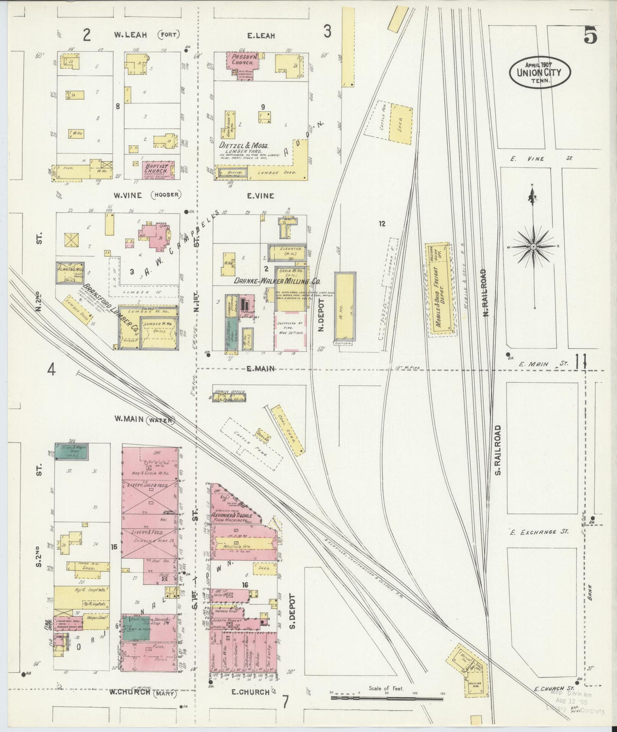 Sanborn Fire Insurance Map from Union City, Obion County, Tennessee (1907), Sheet #0005 - Historic Sanborn Fire Insurance Map Print, vintage old map wall art, antique decor, genealogy gift, Tennessee Tennessee map