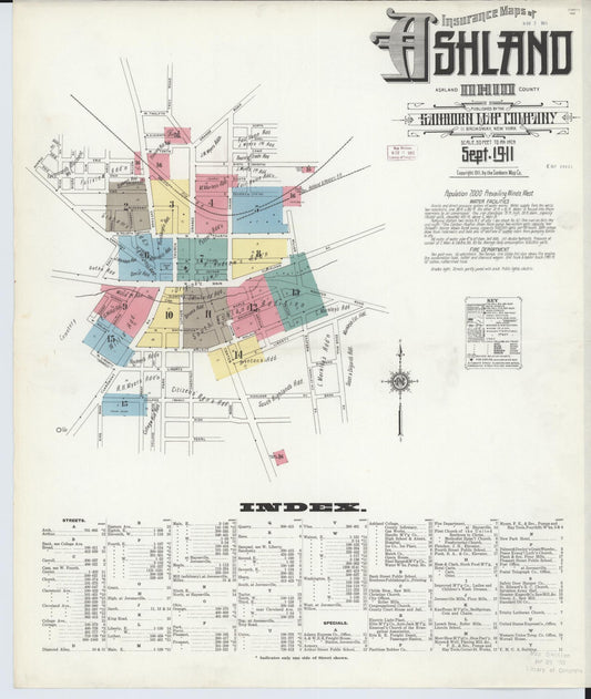 Sanborn Fire Insurance Map from Ashland, Ashland County, Ohio (1911), Sheet #0001 - Historic Sanborn Fire Insurance Map Print, vintage old map wall art, antique decor, genealogy gift, Ohio Ohio map