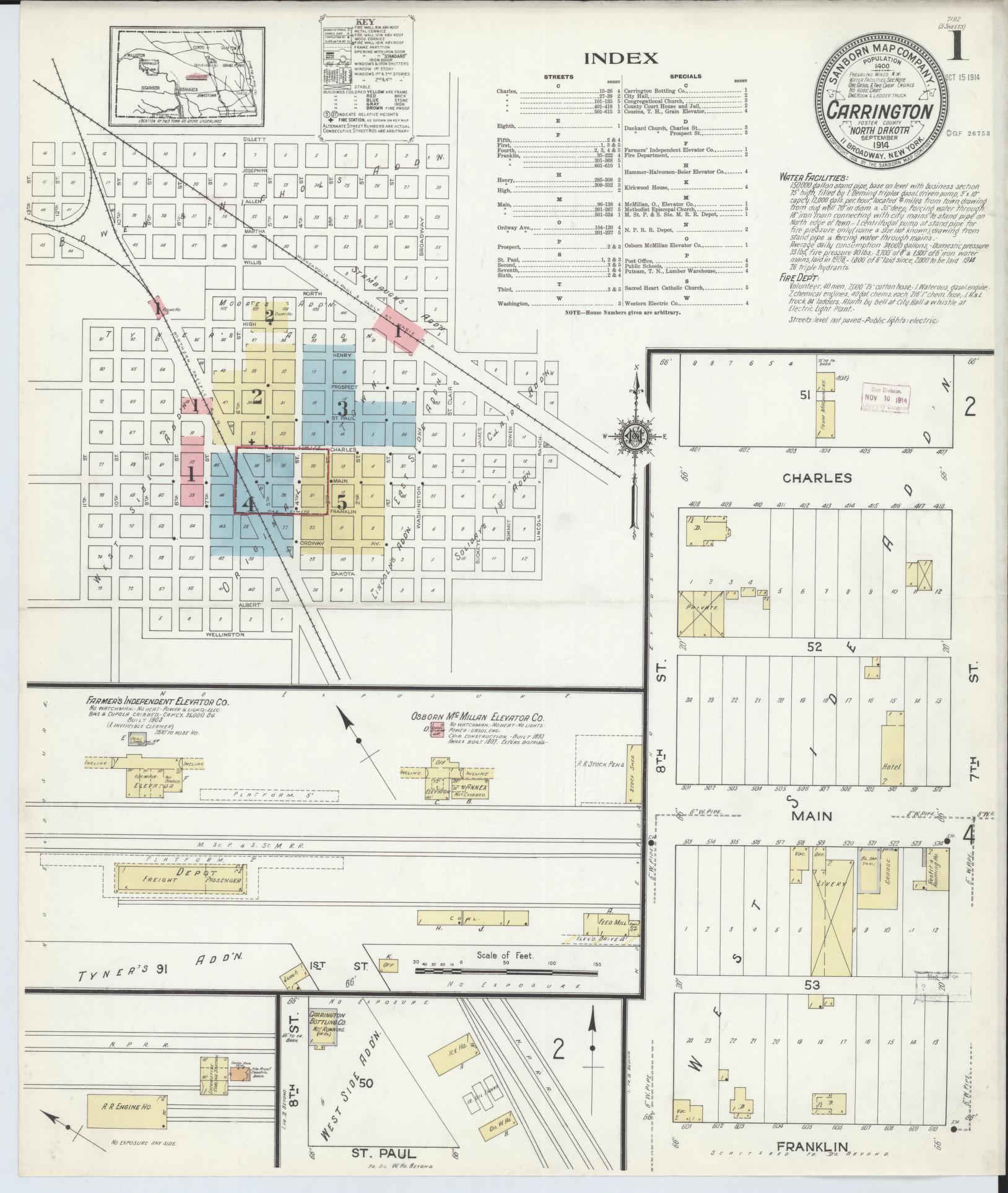 Sanborn Fire Insurance Map from Carrington, Foster County, North Dakota (1914), Sheet #0001 - Complete Map Set gallery image, historic Sanborn map, vintage wall art, North Dakota North Dakota