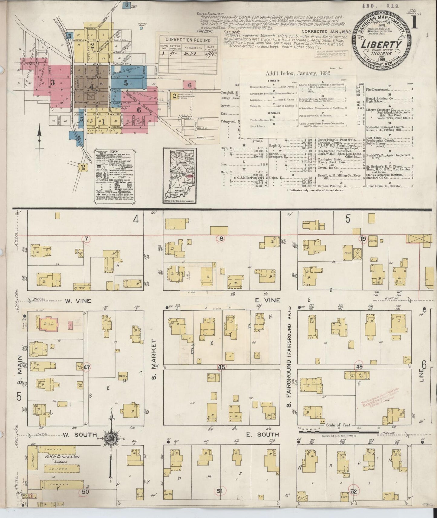 Sanborn Fire Insurance Map from Liberty, Union County, Indiana (1932), Sheet #0001 - Historic Sanborn Fire Insurance Map Print, vintage old map wall art, antique decor, genealogy gift, Indiana Indiana map