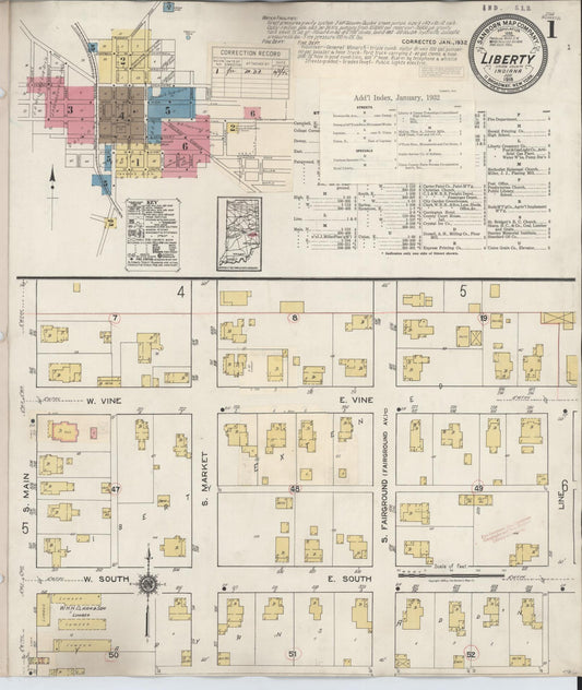 Sanborn Fire Insurance Map from Liberty, Union County, Indiana (1932), Sheet #0001 - Historic Sanborn Fire Insurance Map Print, vintage old map wall art, antique decor, genealogy gift, Indiana Indiana map