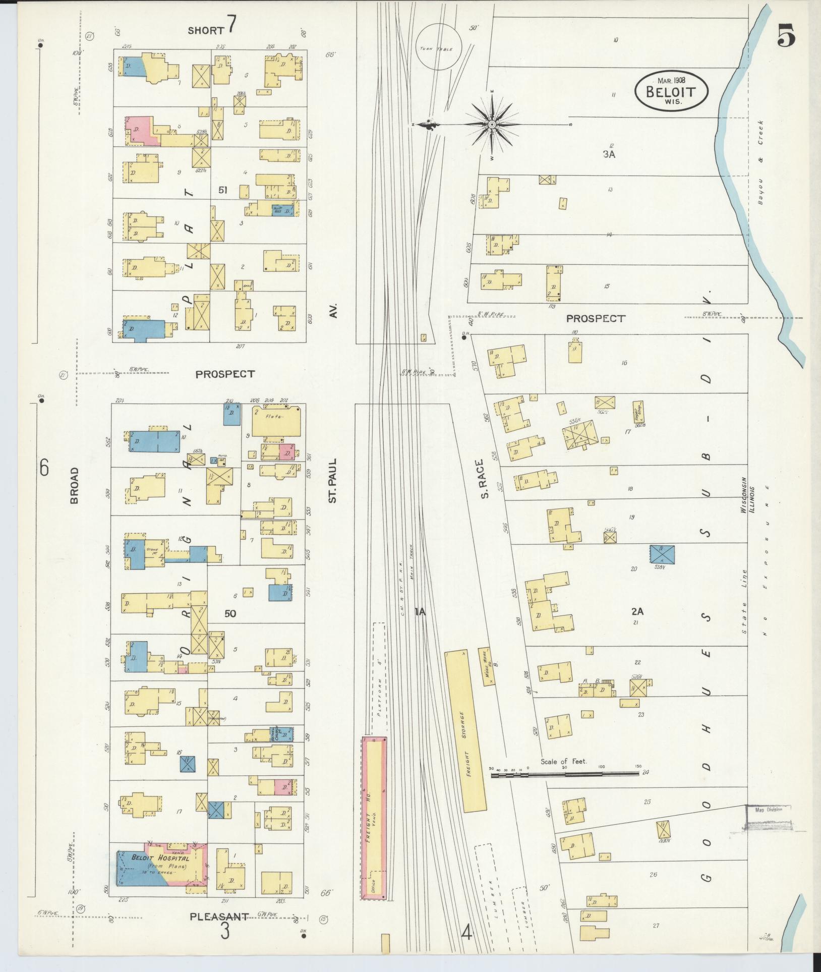 Sanborn Fire Insurance Map from Beloit, Rock County, Wisconsin (1908), Sheet #0005 - Complete Map Set gallery image, historic Sanborn map, vintage wall art, Wisconsin Wisconsin