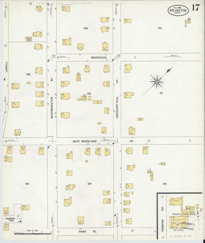 Sanborn Fire Insurance Map from Arlington, Middlesex County, Massachusetts (1908), Sheet #0017 - Historic Sanborn Fire Insurance Map Print, vintage old map wall art, antique decor, genealogy gift, Massachusetts Massachusetts map