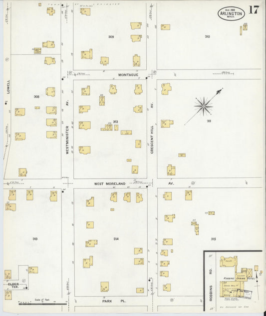 Sanborn Fire Insurance Map from Arlington, Middlesex County, Massachusetts (1908), Sheet #0017 - Historic Sanborn Fire Insurance Map Print, vintage old map wall art, antique decor, genealogy gift, Massachusetts Massachusetts map
