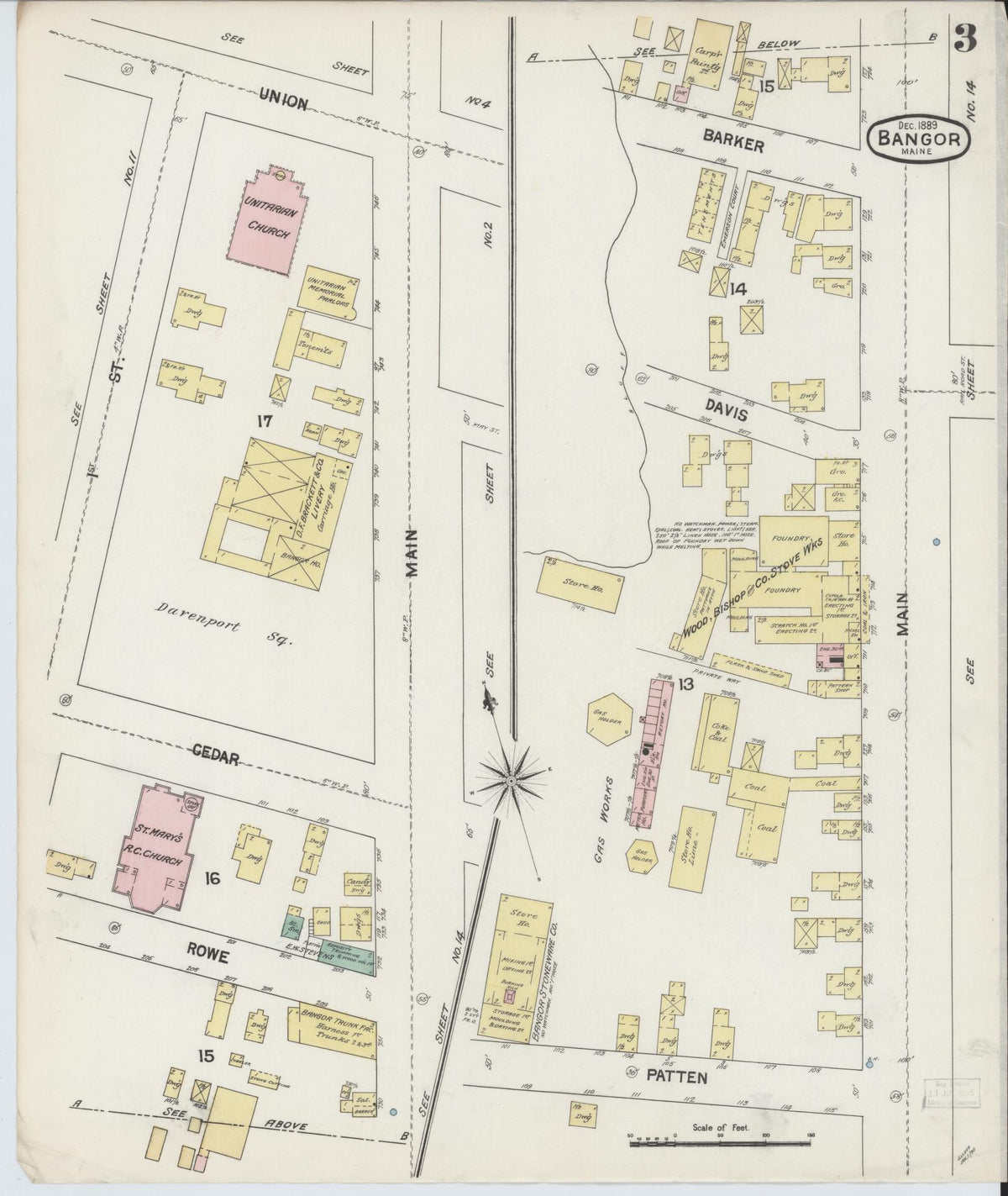 Sanborn Fire Insurance Map from Bangor, Penobscot County, Maine (1889), Sheet #0003 - Complete Map Set gallery image, historic Sanborn map, vintage wall art, Maine Maine