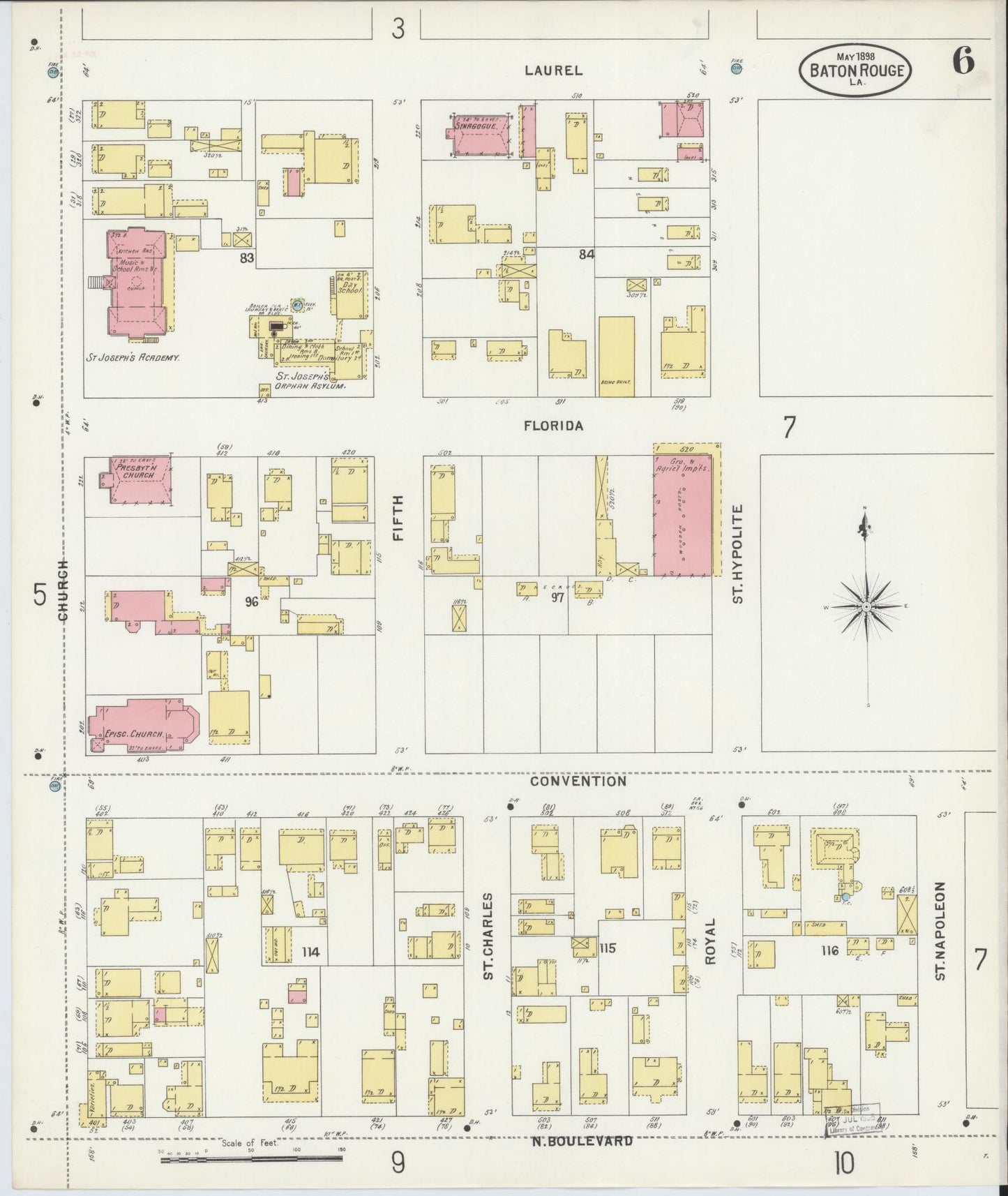 Sanborn Fire Insurance Map from Baton Rouge, East Baton Rouge Parish, Louisiana (1898), Sheet #0006 - Historic Sanborn Fire Insurance Map Print, vintage old map wall art, antique decor, genealogy gift, Louisiana Louisiana map