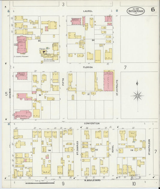 Sanborn Fire Insurance Map from Baton Rouge, East Baton Rouge Parish, Louisiana (1898), Sheet #0006 - Historic Sanborn Fire Insurance Map Print, vintage old map wall art, antique decor, genealogy gift, Louisiana Louisiana map