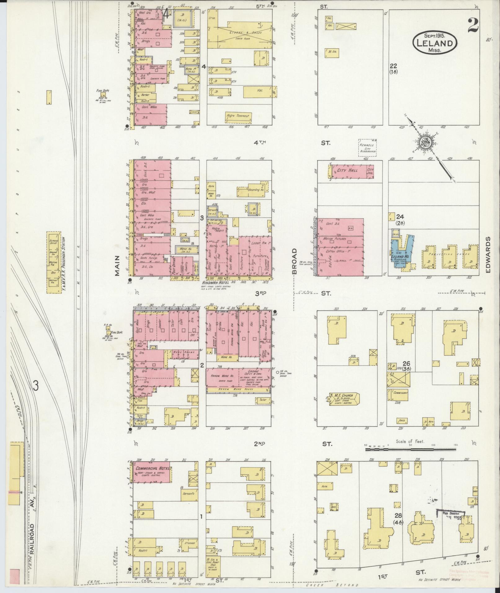 Sanborn Fire Insurance Map from Leland, Washington County, Mississippi (1915), Sheet #0002 - Historic Sanborn Fire Insurance Map Print, vintage old map wall art, antique decor, genealogy gift, Mississippi Mississippi map