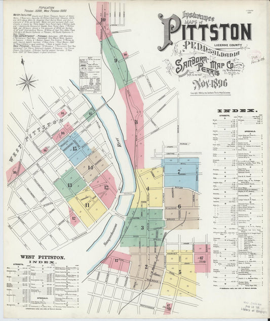 Sanborn Fire Insurance Map from Pittston, Luzerne County, Pennsylvania (1896), Sheet #0001 - Historic Sanborn Fire Insurance Map Print, vintage old map wall art, antique decor, genealogy gift, Pennsylvania Pennsylvania map