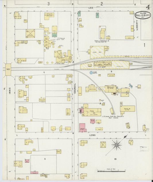 Sanborn Fire Insurance Map from Salisbury, Rowan County, North Carolina (1896), Sheet #0004 - Historic Sanborn Fire Insurance Map Print, vintage old map wall art, antique decor, genealogy gift, North Carolina North Carolina map