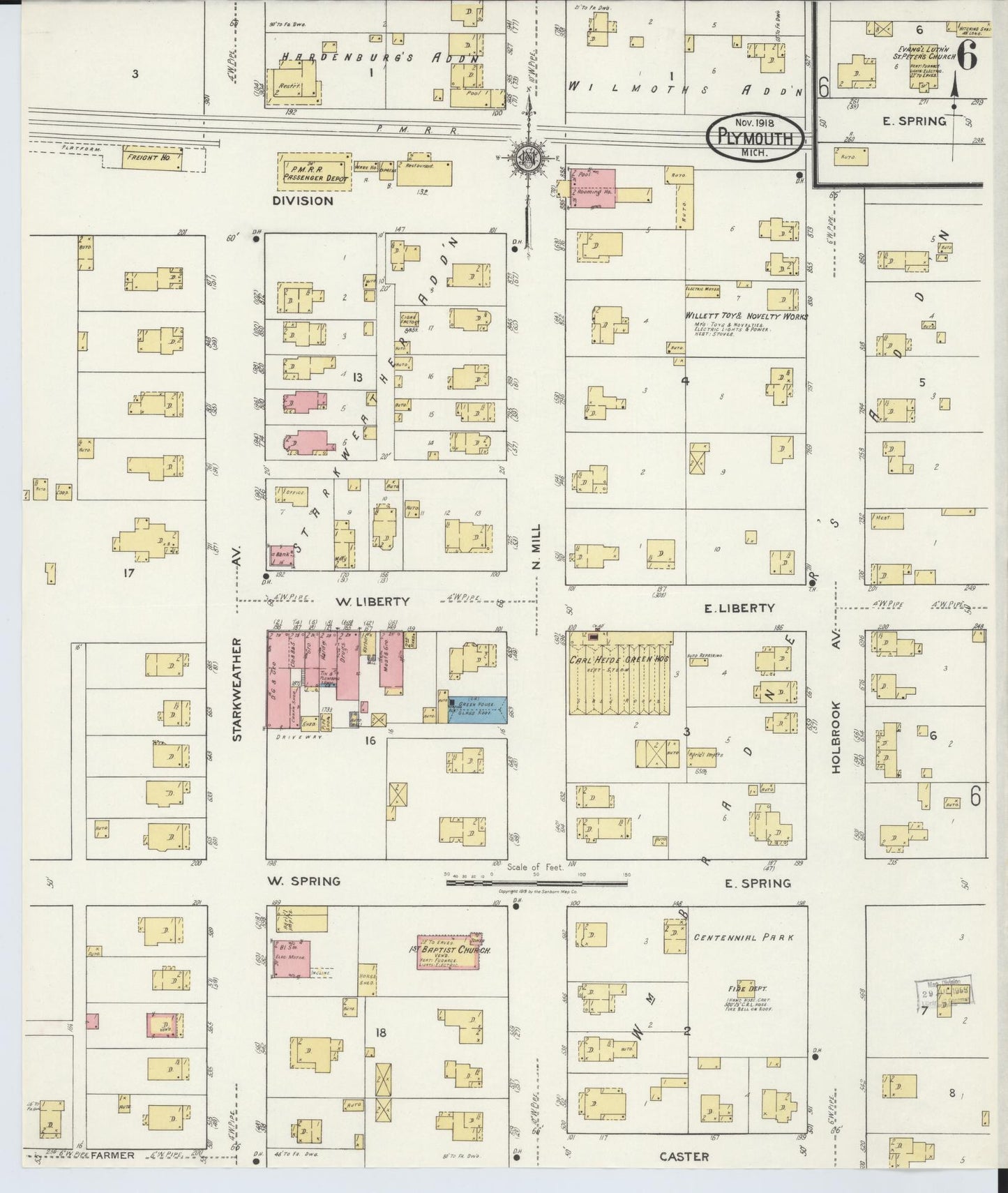 Sanborn Fire Insurance Map from Plymouth, Wayne County, Michigan (1918), Sheet #0006 - Complete Map Set gallery image, historic Sanborn map, vintage wall art, Michigan Michigan