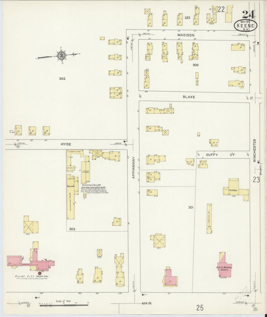 Sanborn Fire Insurance Map from Keene, Cheshire County, New Hampshire (1913), Sheet #0024 - Historic Sanborn Fire Insurance Map Print, vintage old map wall art, antique decor, genealogy gift, New Hampshire New Hampshire map
