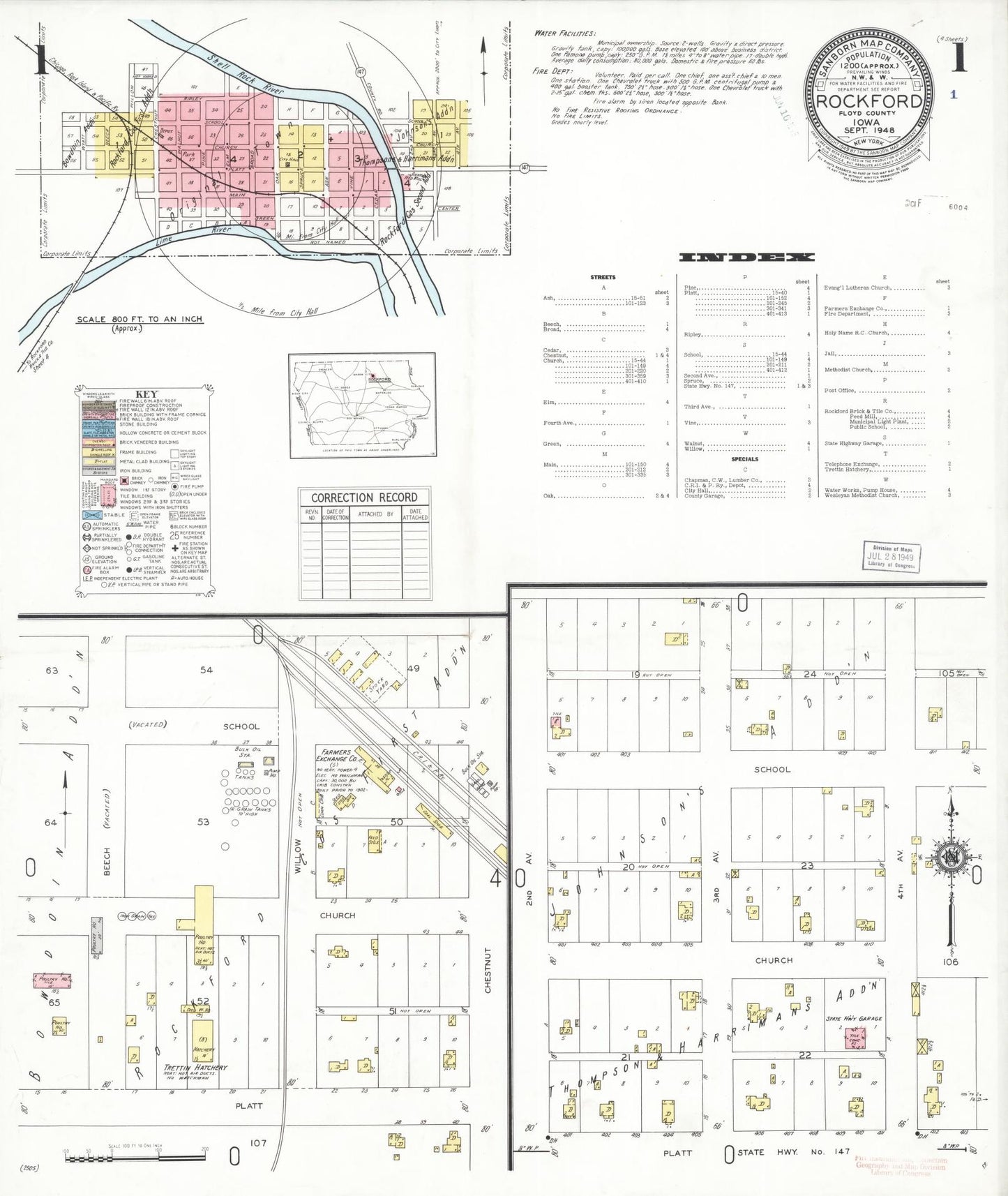 Sanborn Fire Insurance Map from Rockford, Floyd County, Iowa (1948), Sheet #0001 - Historic Sanborn Fire Insurance Map Print, vintage old map wall art