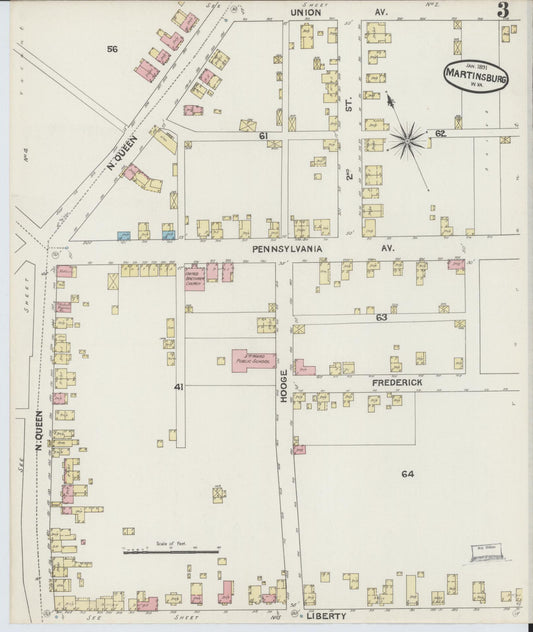 Sanborn Fire Insurance Map from Martinsburg, Berkeley County, West Virginia (1891), Sheet #0003 - Historic Sanborn Fire Insurance Map Print, vintage old map wall art, antique decor, genealogy gift, West Virginia West Virginia map