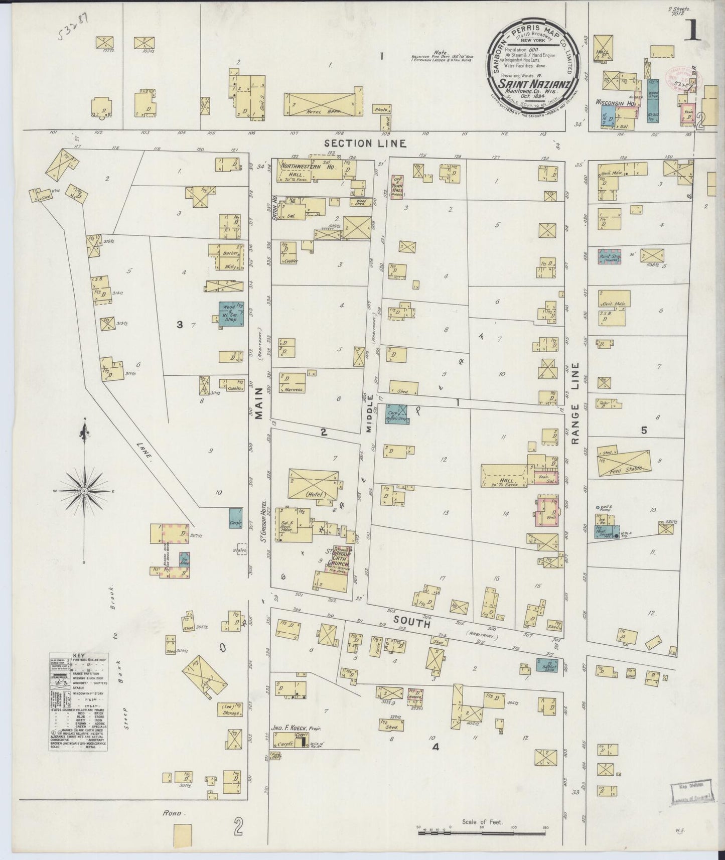 Sanborn Fire Insurance Map from Saint Nazianz, Manitowoc County, Wisconsin (1894), Sheet #0001 - Complete Map Set gallery image, historic Sanborn map, vintage wall art, Wisconsin Wisconsin