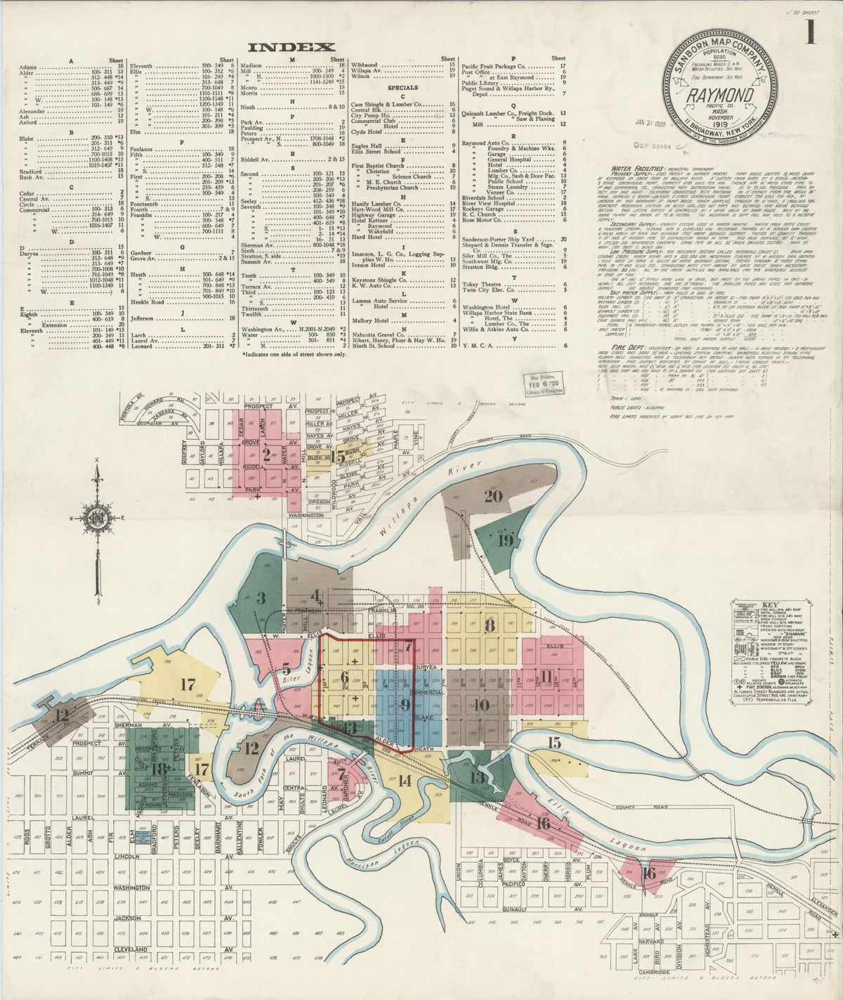 Sanborn Fire Insurance Map from Raymond, Pacific County, Washington (1919), Sheet #0001 - Historic Sanborn Fire Insurance Map Print, vintage old map wall art, antique decor, genealogy gift, Washington Washington map