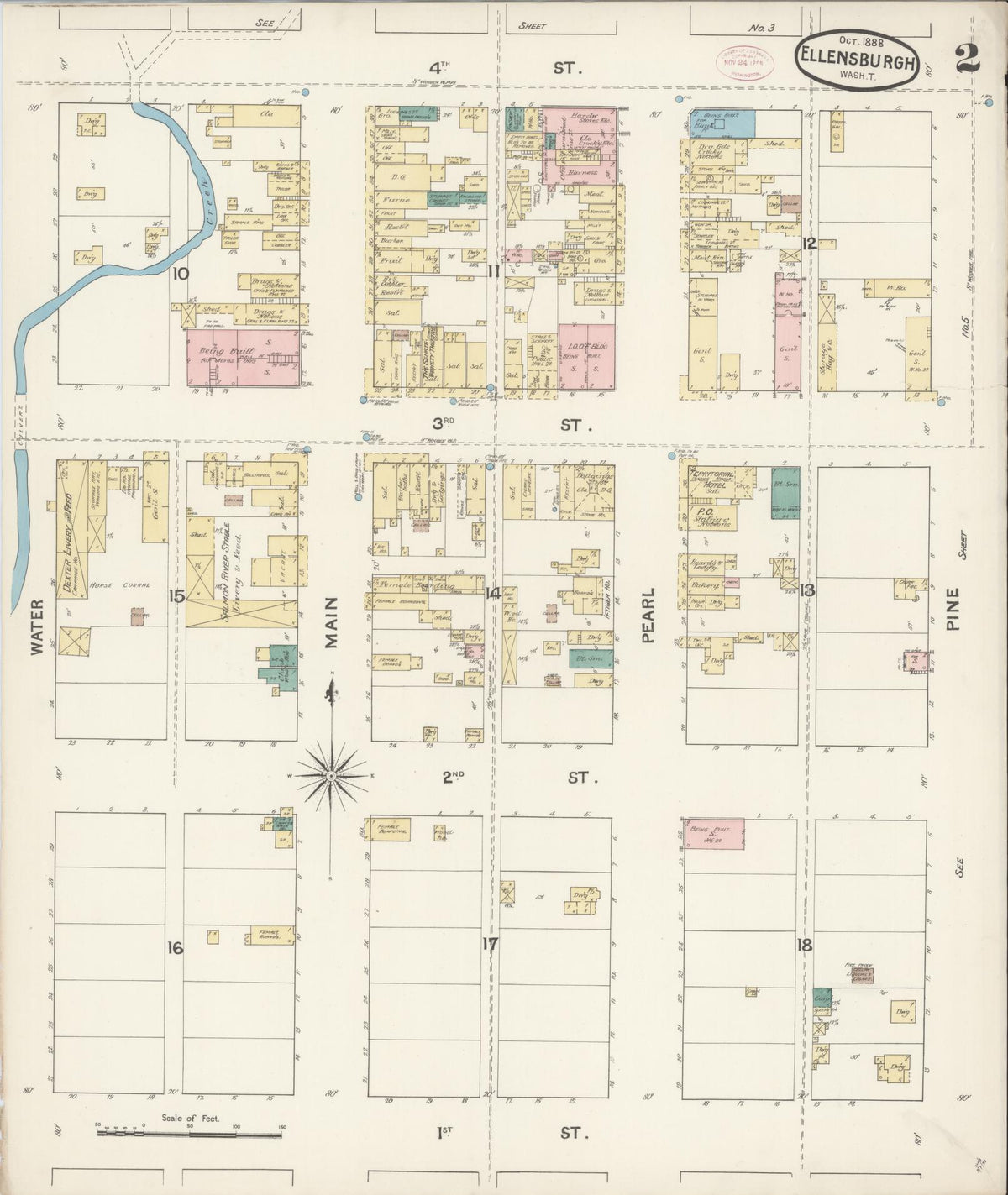 Sanborn Fire Insurance Map from Ellensburg, Kittitas County, Washington (1888), Sheet #0002 - Historic Sanborn Fire Insurance Map Print, vintage old map wall art, antique decor, genealogy gift, Washington Washington map