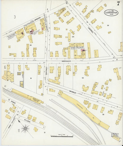 Sanborn Fire Insurance Map from Leominster, Worcester County, Massachusetts (1906), Sheet #0007 - Complete Map Set gallery image, historic Sanborn map, vintage wall art, Massachusetts Massachusetts