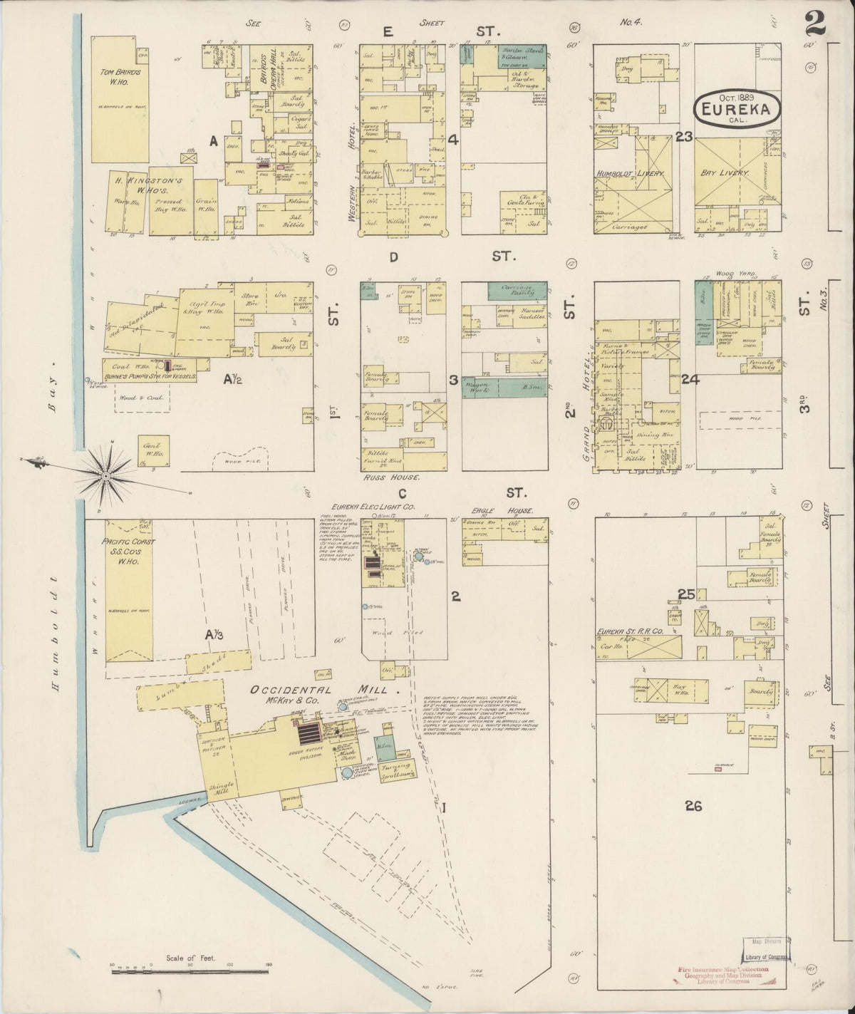 Sanborn Fire Insurance Map from Eureka, Humboldt County, California (1889), Sheet #0002 - Complete Map Set gallery image, historic Sanborn map, vintage wall art, California California