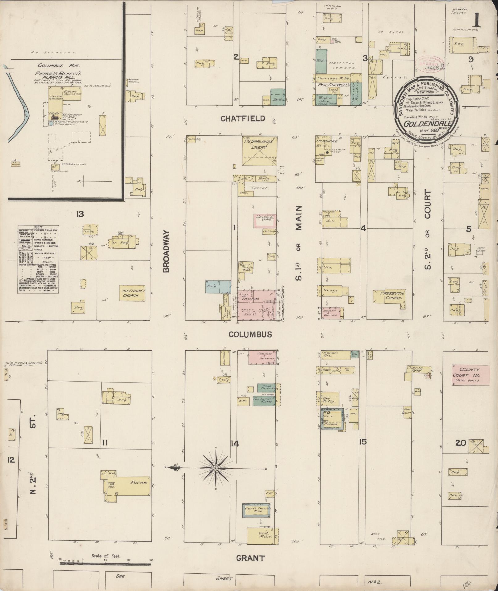 Sanborn Fire Insurance Map from Goldendale, Klickitat County, Washington (1889), Sheet #0001 - Complete Map Set gallery image, historic Sanborn map, vintage wall art, Washington Washington