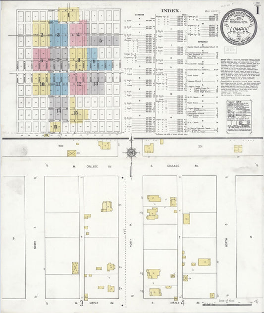 Sanborn Fire Insurance Map from Lompoc, Santa Barbara County, California (1921), Sheet #0001 - Complete Map Set gallery image, historic Sanborn map, vintage wall art, California California