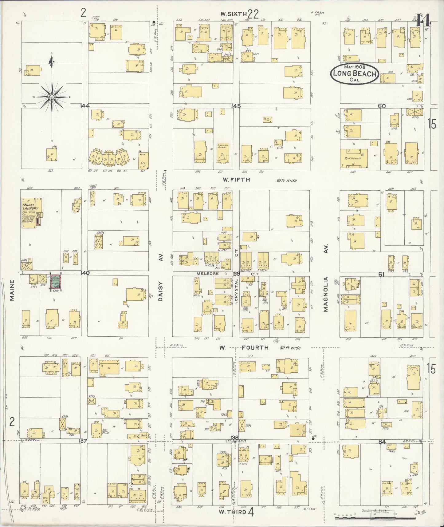 Sanborn Fire Insurance Map from Long Beach, Los Angeles County, California (1908), Sheet #0014 - Historic Sanborn Fire Insurance Map Print, vintage old map wall art, antique decor, genealogy gift, California California map