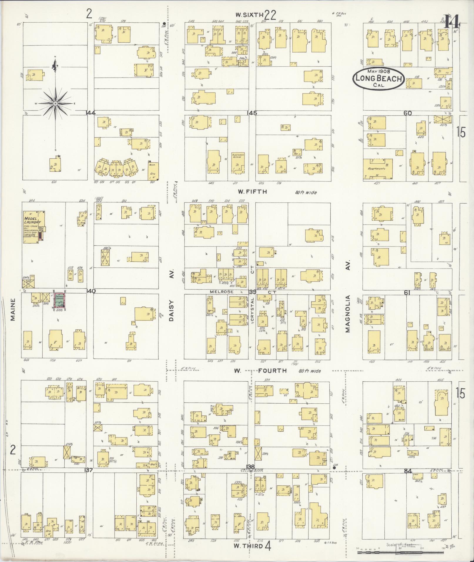 Sanborn Fire Insurance Map from Long Beach, Los Angeles County, California (1908), Sheet #0014 - Historic Sanborn Fire Insurance Map Print, vintage old map wall art, antique decor, genealogy gift, California California map