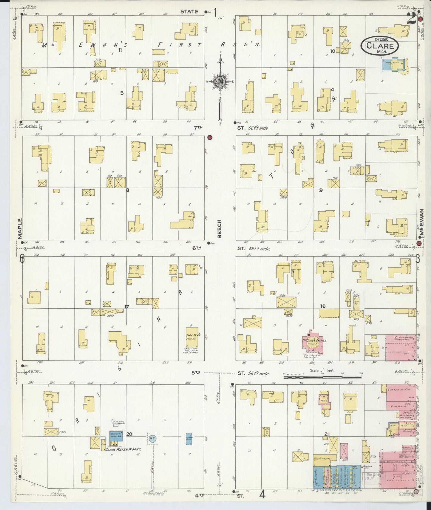 Sanborn Fire Insurance Map from Clare, Clare County, Michigan (1910), Sheet #0002 - Complete Map Set gallery image, historic Sanborn map, vintage wall art, Michigan Michigan