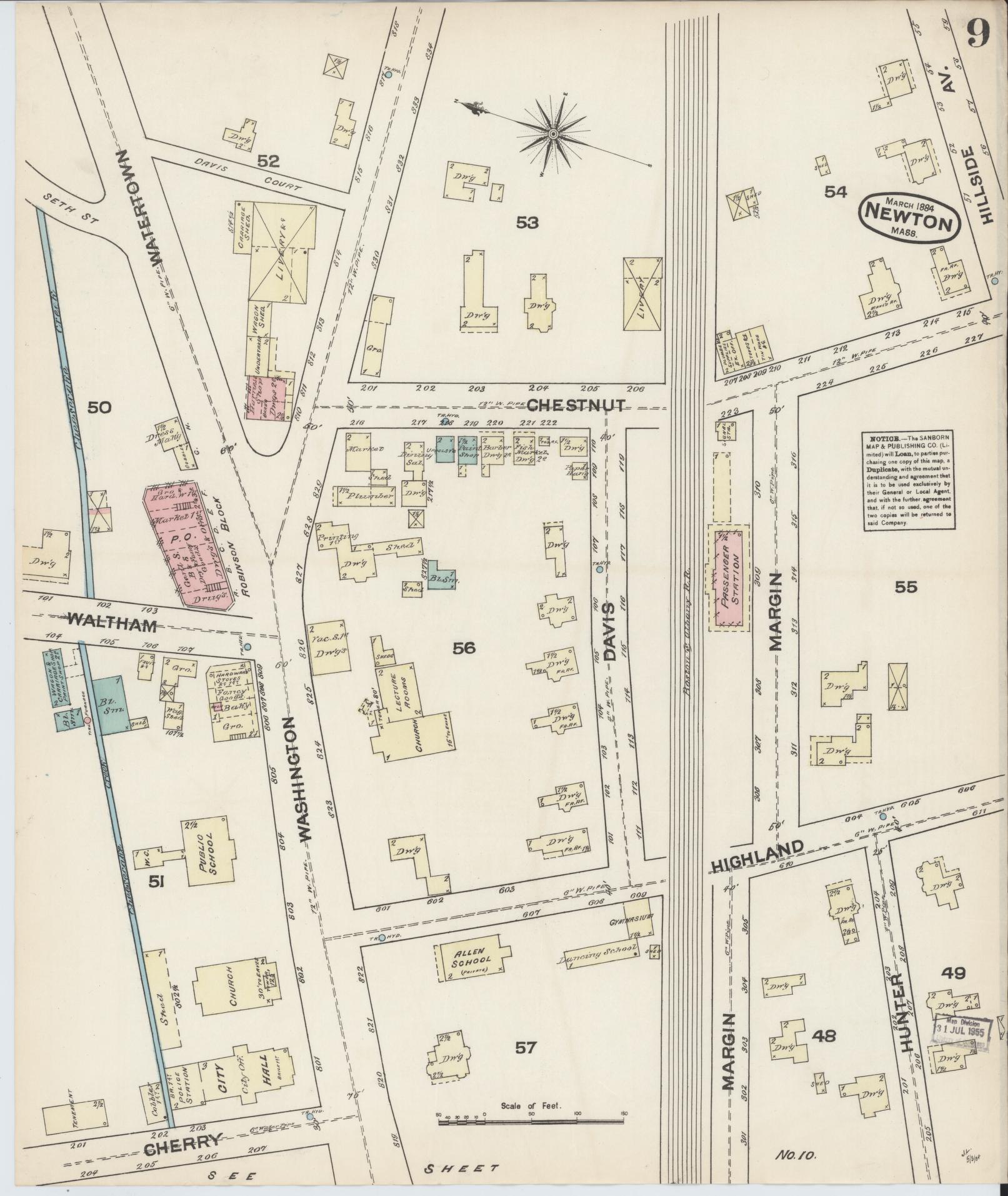 Sanborn Fire Insurance Map from Newton, Middlesex County, Massachusetts (1884), Sheet #0009 - Complete Map Set gallery image, historic Sanborn map, vintage wall art, Massachusetts Massachusetts
