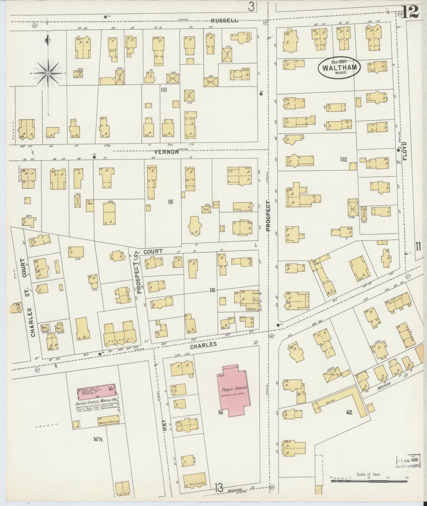 Sanborn Fire Insurance Map from Waltham, Middlesex County, Massachusetts (1897), Sheet #0012 - Historic Sanborn Fire Insurance Map Print, vintage old map wall art, antique decor, genealogy gift, Massachusetts Massachusetts map