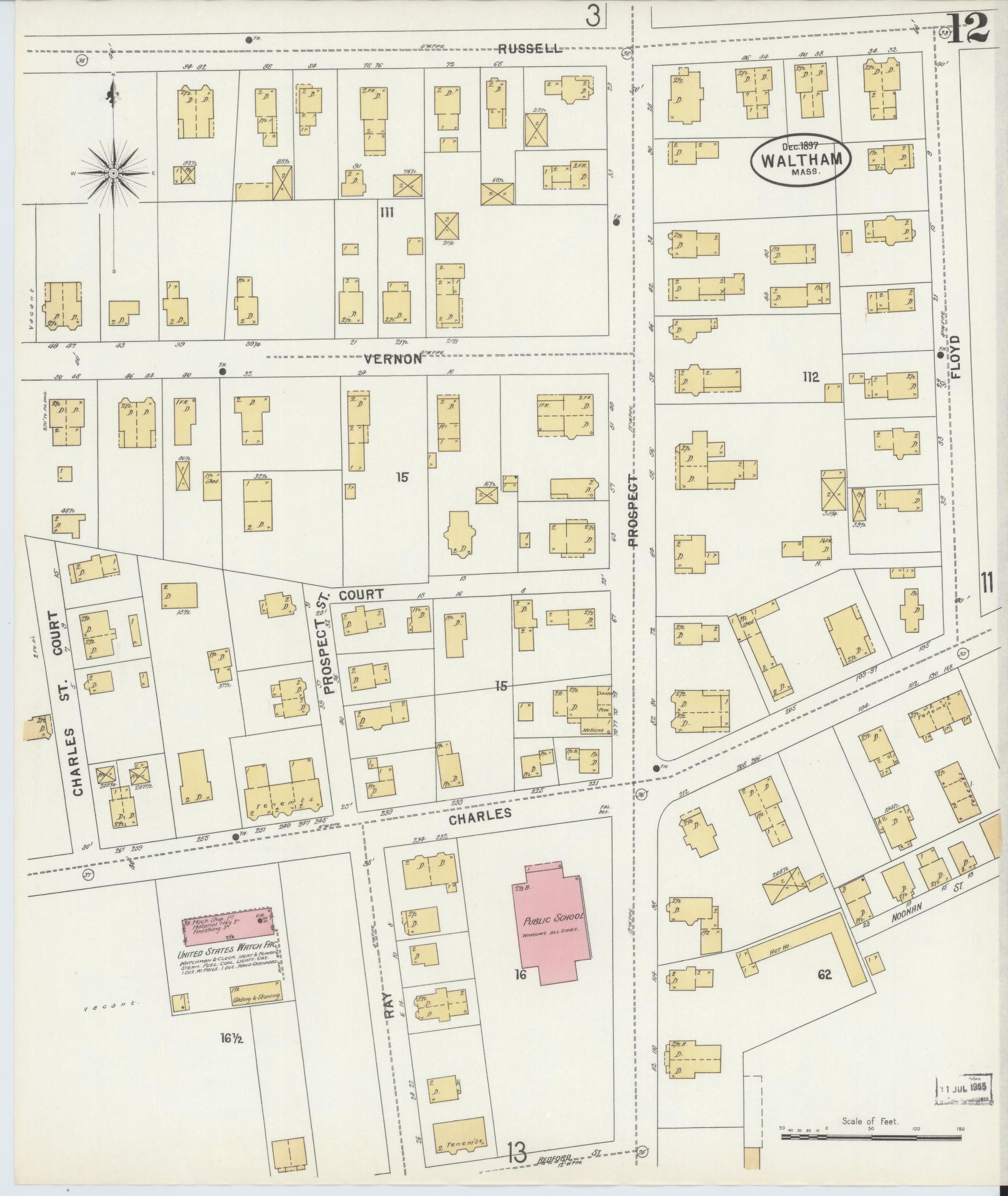 Sanborn Fire Insurance Map from Waltham, Middlesex County, Massachusetts (1897), Sheet #0012 - Historic Sanborn Fire Insurance Map Print, vintage old map wall art, antique decor, genealogy gift, Massachusetts Massachusetts map