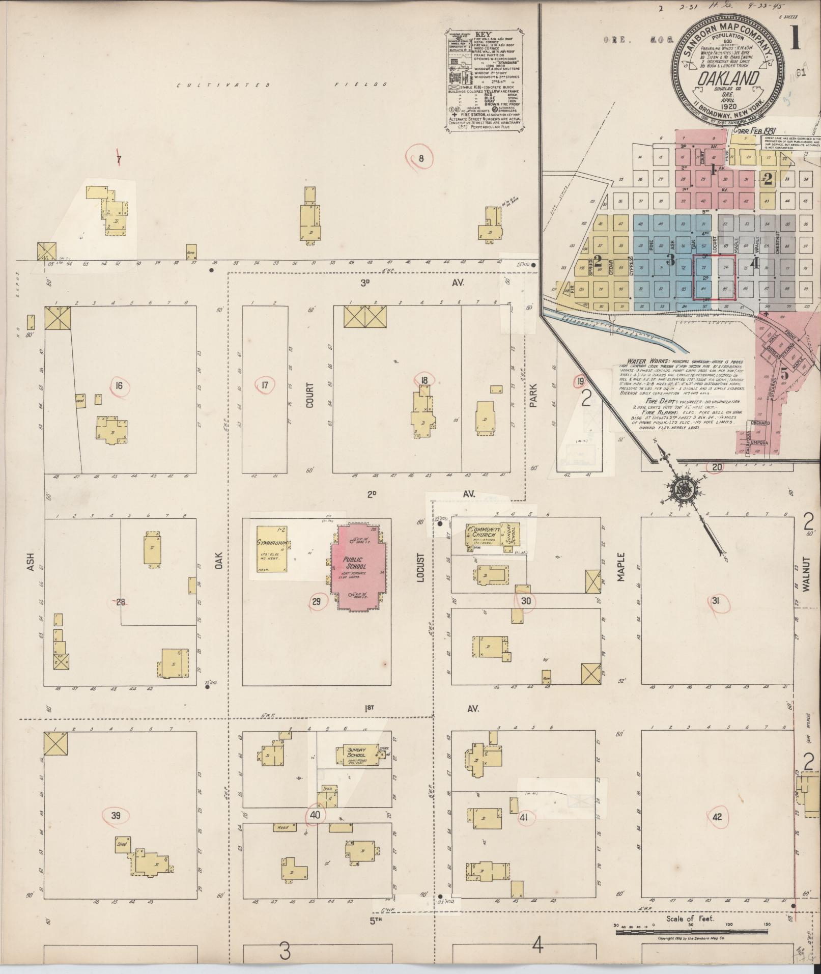 Sanborn Fire Insurance Map from Oakland, Douglas County, Oregon (1931), Sheet #0001 - Complete Map Set gallery image, historic Sanborn map, vintage wall art, Oregon Oregon