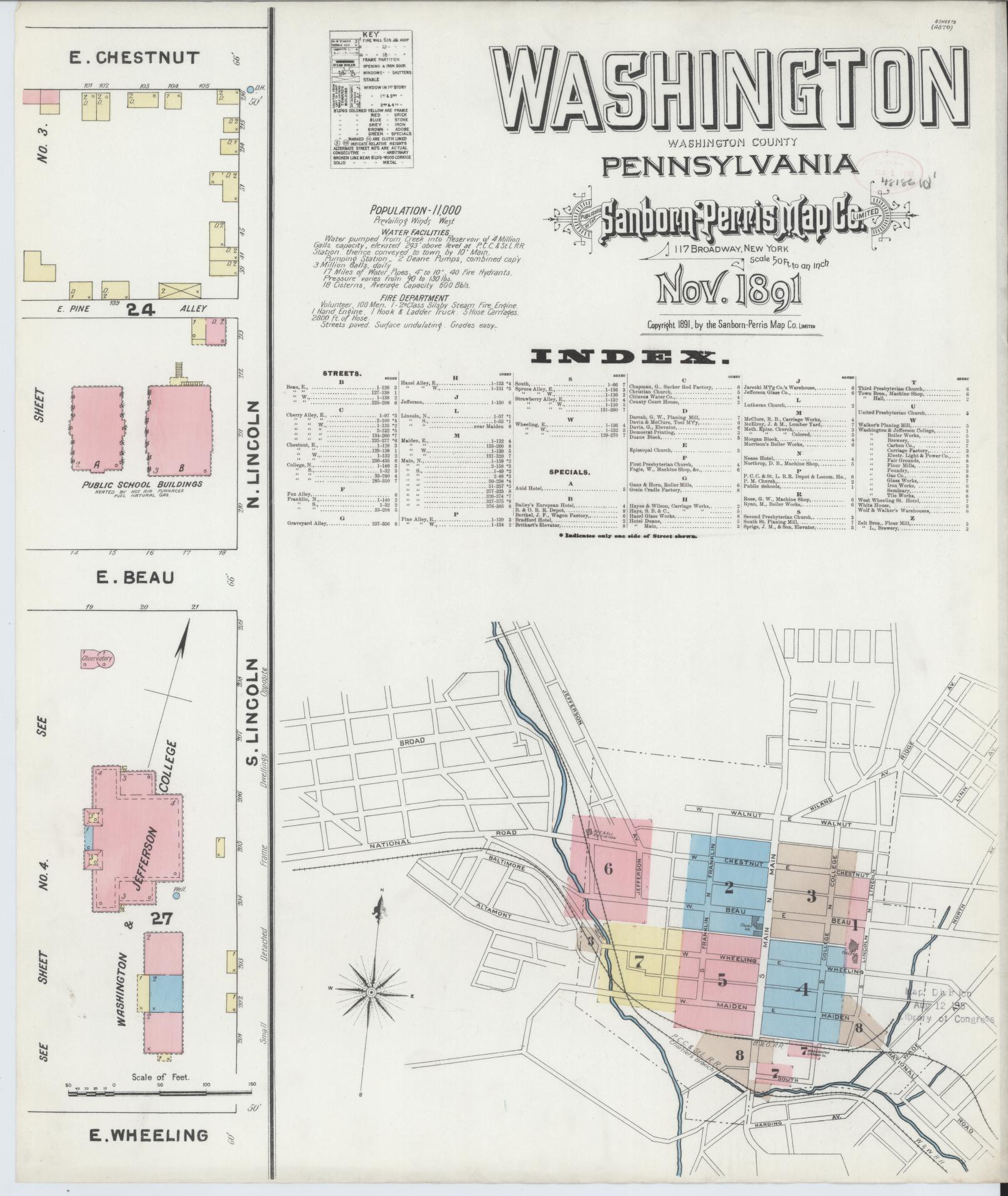Sanborn Fire Insurance Map from Washington, Washington County, Pennsylvania (1891), Sheet #0001 - Historic Sanborn Fire Insurance Map Print, vintage old map wall art, antique decor, genealogy gift, Sanborn Fire Insurance Map from Washington Washington map